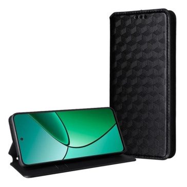   Xiaomi Redmi 13 4G / Note 13R / Poco M6 4G, Oldalra nyíló tok, bőrhatású, stand, Teljes 3D rombusz minta, prémium, fekete