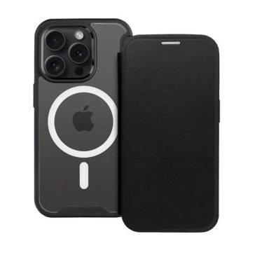   Apple iPhone 15 Plus, Oldalra nyíló tok, kártyatartóval, átlátszó hátlap, Magsafe kompatibilis, Smart Mag, fekete