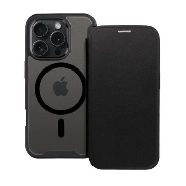   Apple iPhone 16 Plus, Oldalra nyíló tok, kártyatartóval, átlátszó hátlap, Magsafe kompatibilis, Smart Mag, fekete