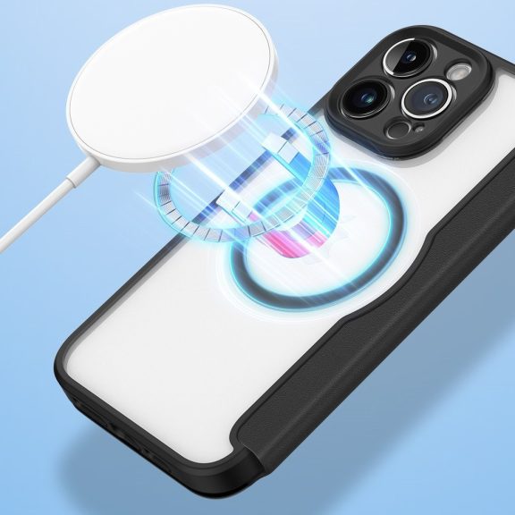 Apple iPhone 16, Oldalra nyíló tok, stand, közepesen ütésálló, Magsafe kompatibilis, Dux Ducis Skin Pro Magsafe, fekete