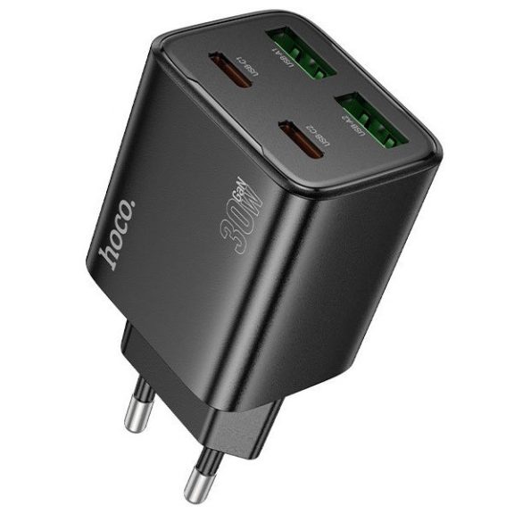 Hálózati töltő adapter, 30W, 2 x USB aljzat, 2 x USB Type-C aljzat, USB Type-C - USB Type-C kábellel, gyorstöltés, PD, GaN, QC 3.0, Hoco N56 Fundador, fekete