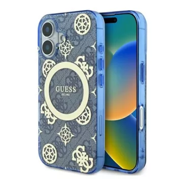   Guess IML Peony On 4G Background iPhone 16 MagSafe kemény hátlap tok, kék GUHMP16SH4PYEEB