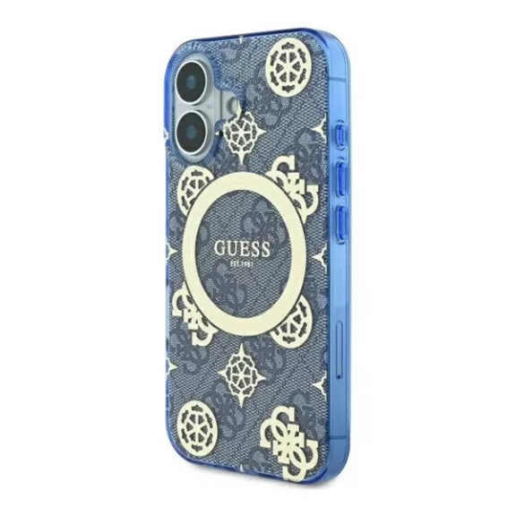 Guess IML Peony On 4G Background iPhone 16 MagSafe kemény hátlap tok, kék GUHMP16SH4PYEEB