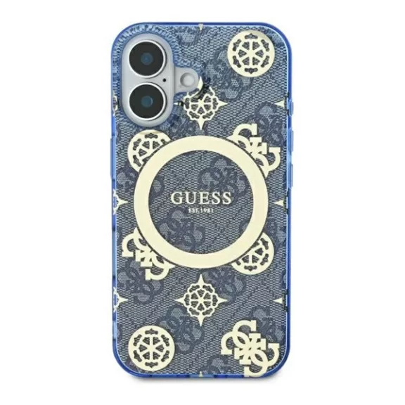 Guess IML Peony On 4G Background iPhone 16 MagSafe kemény hátlap tok, kék GUHMP16SH4PYEEB