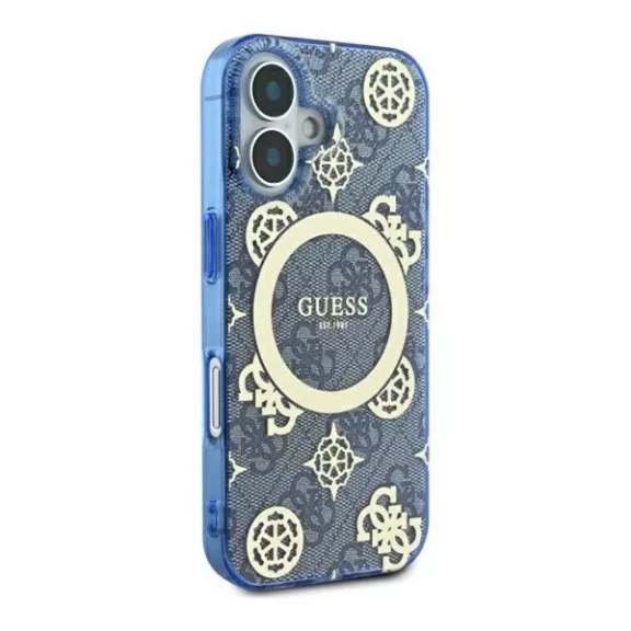 Guess IML Peony On 4G Background iPhone 16 MagSafe kemény hátlap tok, kék GUHMP16SH4PYEEB