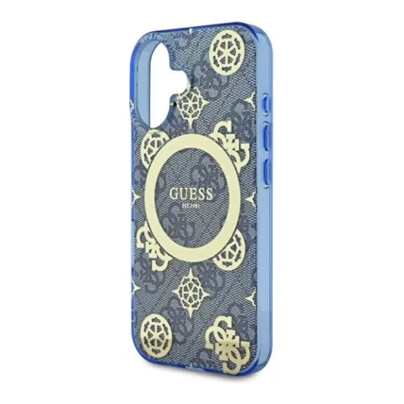 Guess IML Peony On 4G Background iPhone 16 MagSafe kemény hátlap tok, kék GUHMP16SH4PYEEB