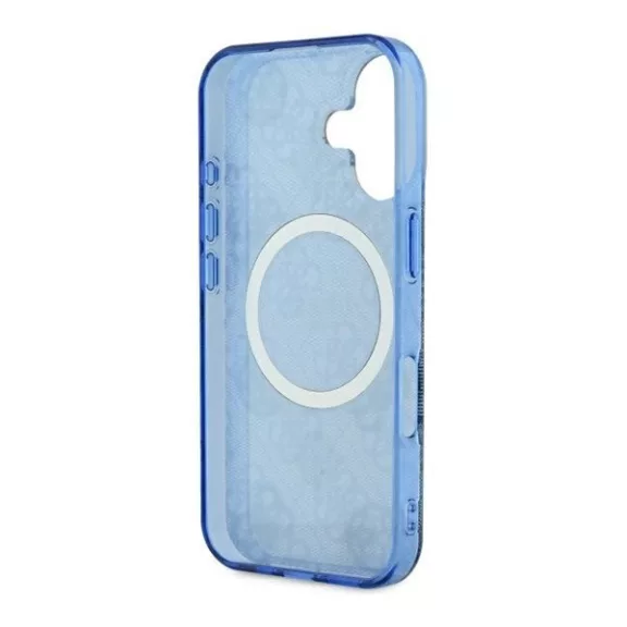 Guess IML Peony On 4G Background iPhone 16 MagSafe kemény hátlap tok, kék GUHMP16SH4PYEEB