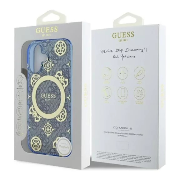 Guess IML Peony On 4G Background iPhone 16 MagSafe kemény hátlap tok, kék GUHMP16SH4PYEEB