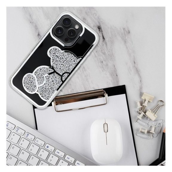 Teddy Bear iPhone 14 Pro csillogó köves tok, ezüst