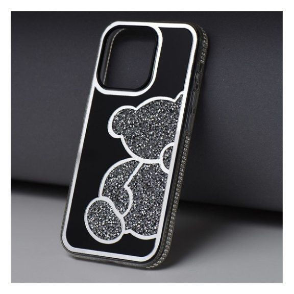 Teddy Bear iPhone 14 Pro csillogó köves tok, ezüst