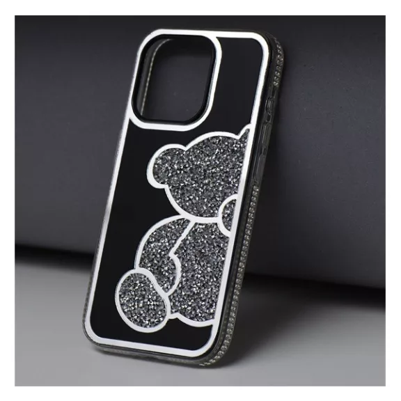 Teddy Bear iPhone 16 Pro Max csillogó köves tok, ezüst