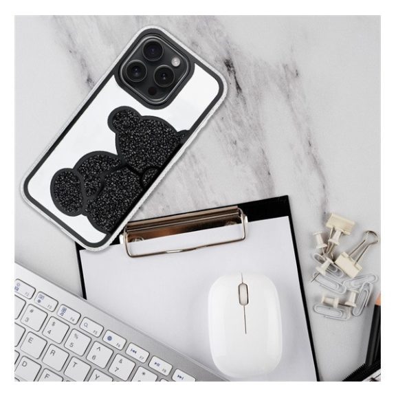 Teddy Bear iPhone 16 Plus csillogó köves tok, fekete