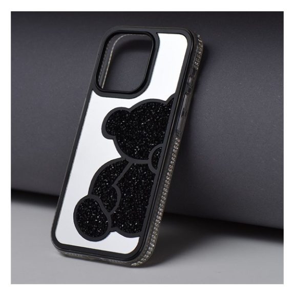 Teddy Bear iPhone 16 Plus csillogó köves tok, fekete
