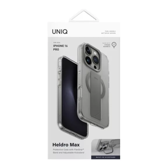 Uniq Heldro Max iPhone 16 Pro MagSafe tok kitámasztóval, átlátszó