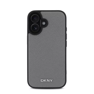   DKNY PU Leather Silver Metal Logo iPhone 16 MagSafe tok, szürke