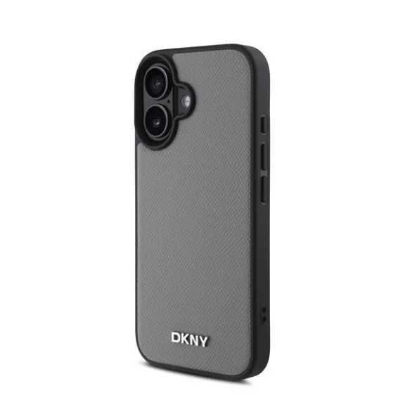DKNY PU Leather Silver Metal Logo iPhone 16 MagSafe tok, szürke