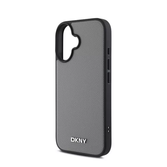 DKNY PU Leather Silver Metal Logo iPhone 16 MagSafe tok, szürke