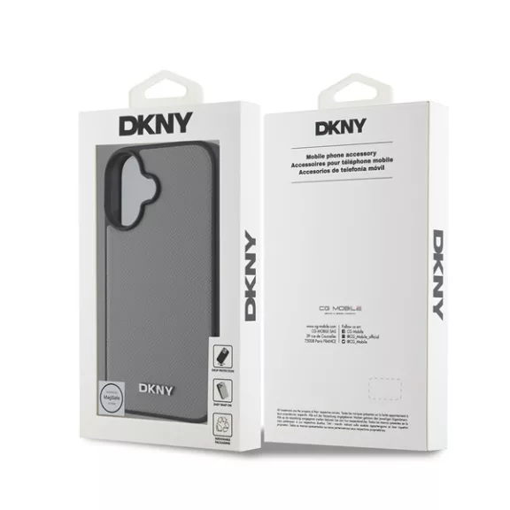 DKNY PU Leather Silver Metal Logo iPhone 16 MagSafe tok, szürke