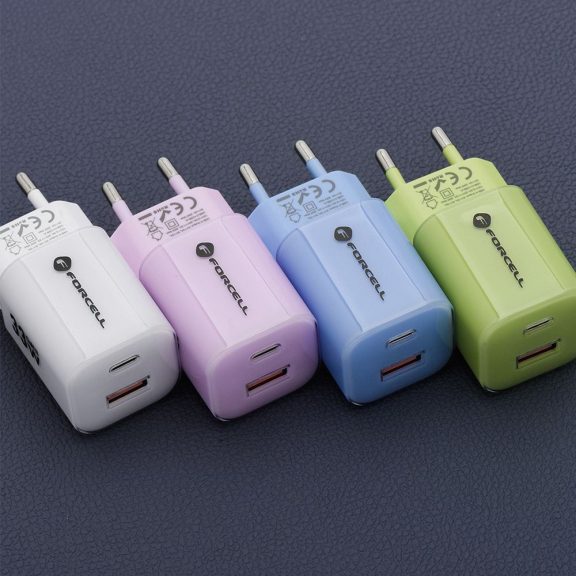 Forcell F-Energy Crystal Color GaN III VT-41 USB-C-USB-A hálózati töltő adapter szilikon kábellel, 33W, kék