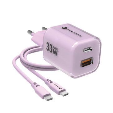   Forcell F-Energy Crystal Color GaN III VT-41 USB-C-USB-A hálózati töltő adapter szilikon kábellel, 33W, lila