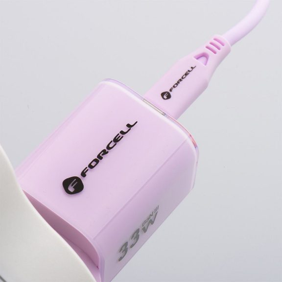 Forcell F-Energy Crystal Color GaN III VT-41 USB-C-USB-A hálózati töltő adapter szilikon kábellel, 33W, lila