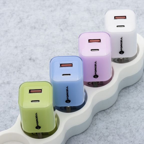 Forcell F-Energy Crystal Color GaN III VT-41 USB-C-USB-A hálózati töltő adapter szilikon kábellel, 33W, lila