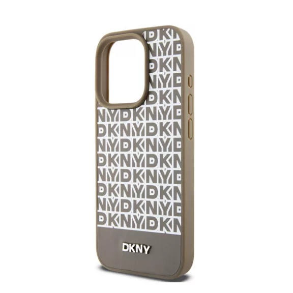 DKNY PU Leather Repeat Pattern Bottom Stripe Apple iPhone 15 Pro tok, barna