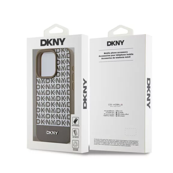 DKNY PU Leather Repeat Pattern Bottom Stripe Apple iPhone 15 Pro tok, barna