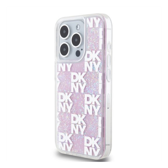 DKNY Liquid Glitter Checkered Pattern iPhone 15 Pro hátlap tok, rózsaszín
