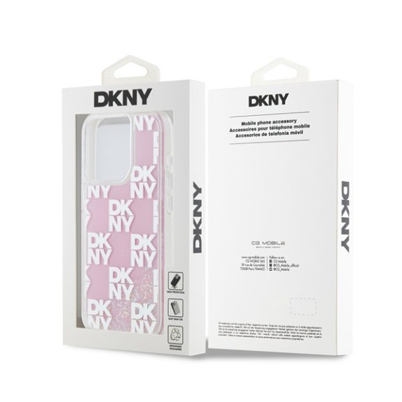 DKNY Liquid Glitter Checkered Pattern iPhone 15 Pro hátlap tok, rózsaszín