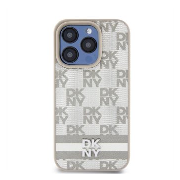   DKNY PU Leather Checkered Pattern and Stripe iPhone 14 Pro Max hátlap tok, bézs