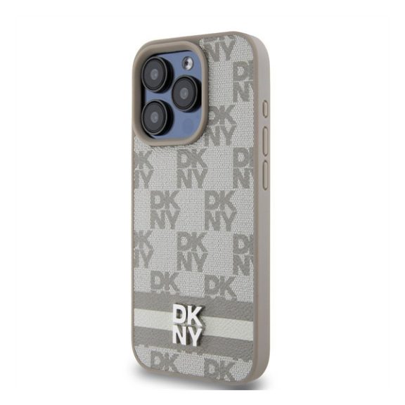 DKNY PU Leather Checkered Pattern and Stripe iPhone 14 Pro Max hátlap tok, bézs