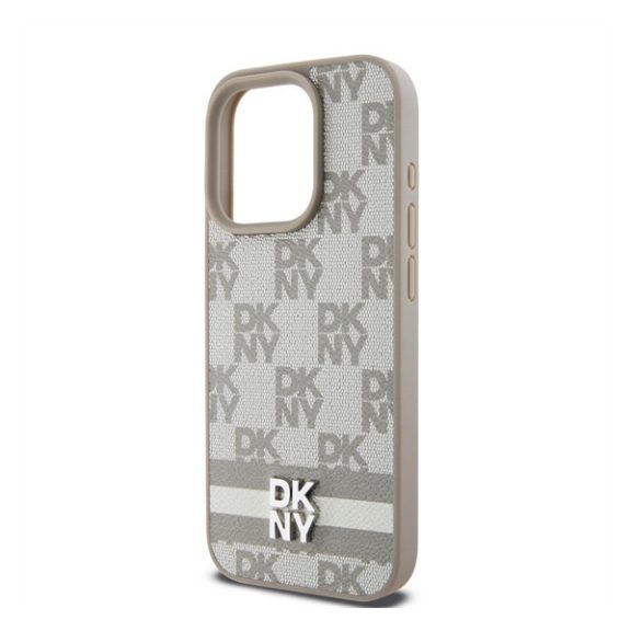 DKNY PU Leather Checkered Pattern and Stripe iPhone 14 Pro Max hátlap tok, bézs