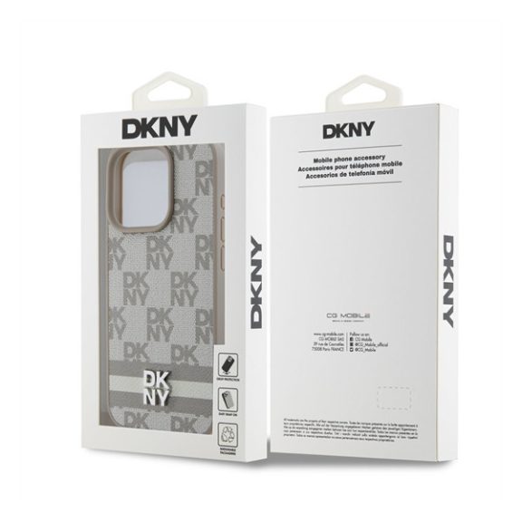 DKNY PU Leather Checkered Pattern and Stripe iPhone 14 Pro Max hátlap tok, bézs