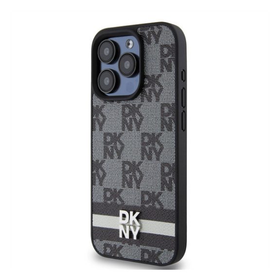 DKNY PU Leather Checkered Pattern and Stripe iPhone 14 Pro Max hátlap tok, fekete