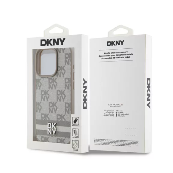 DKNY PU Leather Checkered Pattern and Stripe iPhone 15 Pro Max hátlap tok, bézs