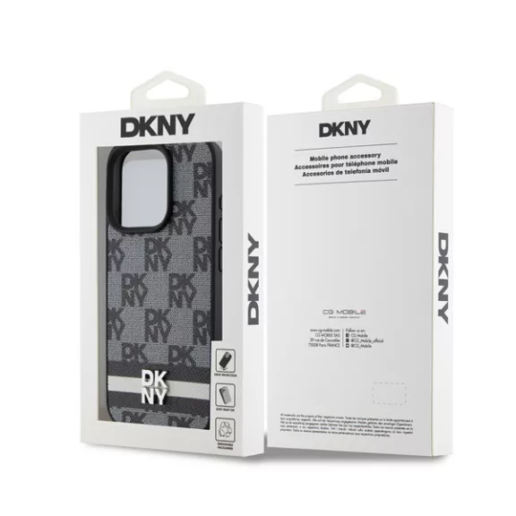 DKNY PU Leather Checkered Pattern and Stripe iPhone 15 Pro Max hátlap tok, fekete