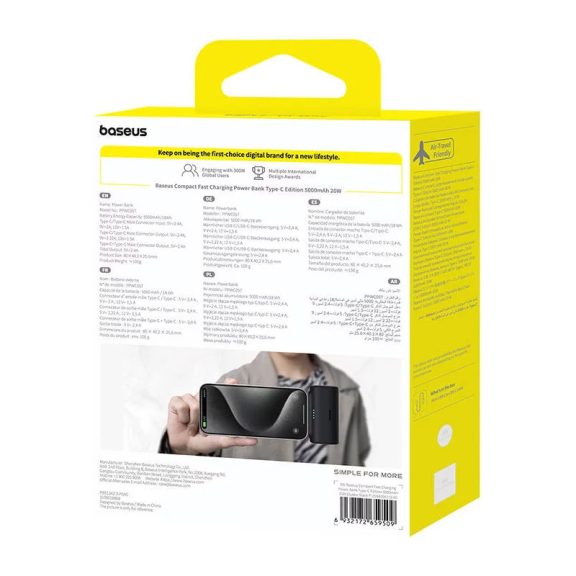 Baseus Compact powerbank / külső akkumulátor USB-C csatlakozóval, 5000mAh, PD, 20W, fekete