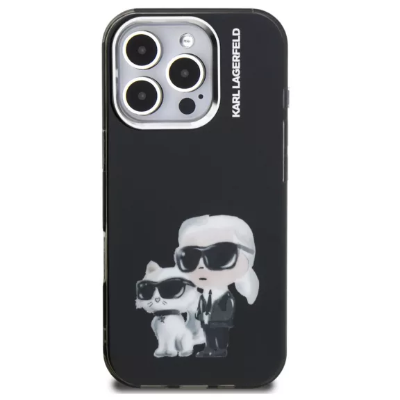 Karl Lagerfeld IML Aquarelle Karl and Choupette iPhone 16 Pro hátlap tok, fekete