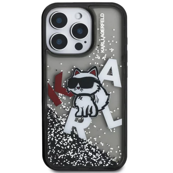 Karl Lagerfeld Liquid Glitter Scattered Choupette iPhone 16 Pro hátlap tok, fekete