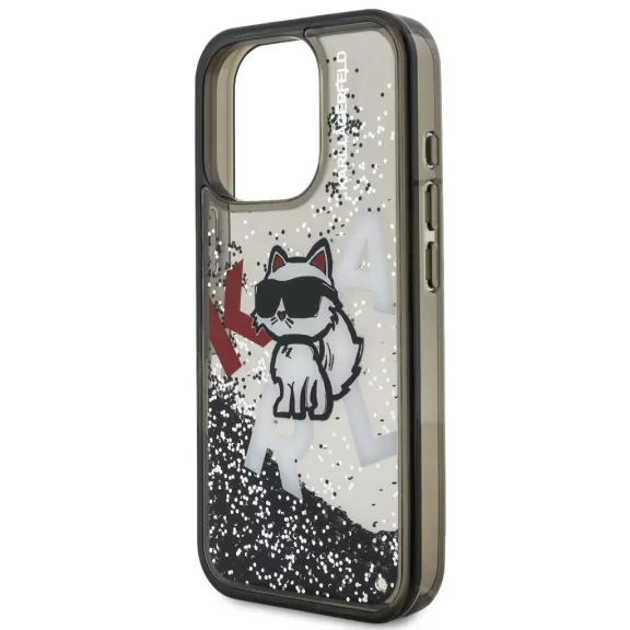 Karl Lagerfeld Liquid Glitter Scattered Choupette iPhone 16 Pro hátlap tok, fekete