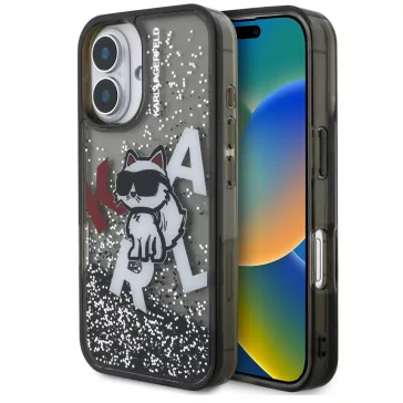   Karl Lagerfeld Liquid Glitter Scattered Choupette iPhone 16 hátlap tok, fekete