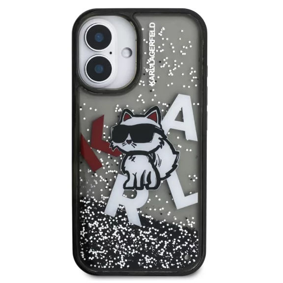 Karl Lagerfeld Liquid Glitter Scattered Choupette iPhone 16 hátlap tok, fekete
