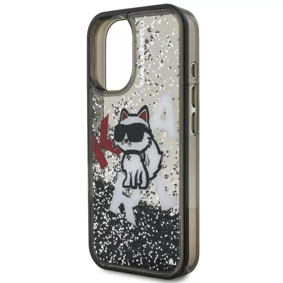 Karl Lagerfeld Liquid Glitter Scattered Choupette iPhone 16 hátlap tok, fekete