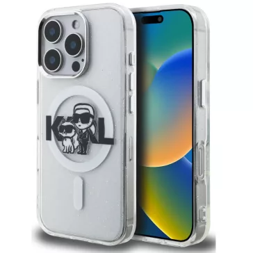   Karl Lagerfeld IML Glitter Karl and Choupette Sketch iPhone 16 Pro MagSafe kompatibilis hátlap tok, átlátszó