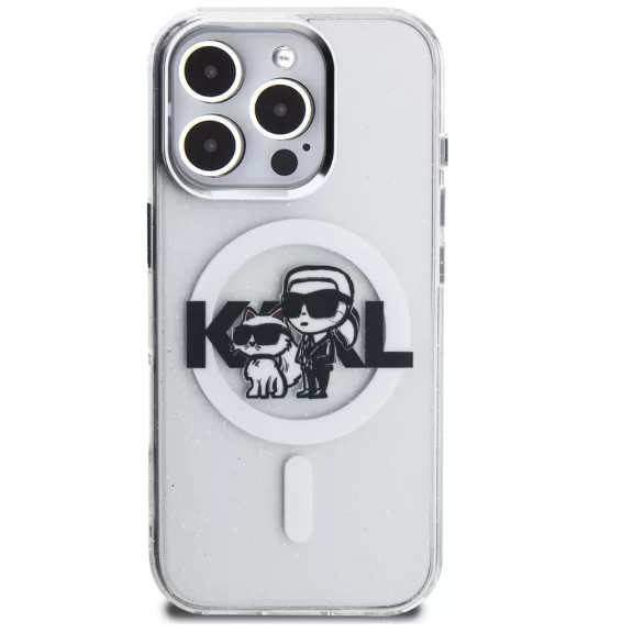 Karl Lagerfeld IML Glitter Karl and Choupette Sketch iPhone 16 Pro MagSafe kompatibilis hátlap tok, átlátszó