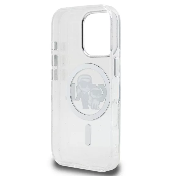 Karl Lagerfeld IML Glitter Karl and Choupette Sketch iPhone 16 Pro MagSafe kompatibilis hátlap tok, átlátszó