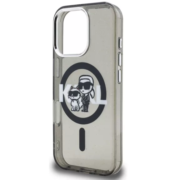 Karl Lagerfeld IML Glitter Karl and Choupette Sketch iPhone 16 Pro MagSafe kompatibilis hátlap tok, fekete