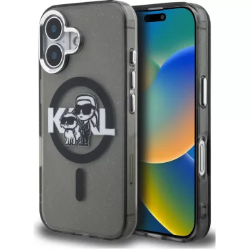   Karl Lagerfeld IML Glitter Karl and Choupette Sketch iPhone 16 MagSafe kompatibilis hátlap tok, fekete