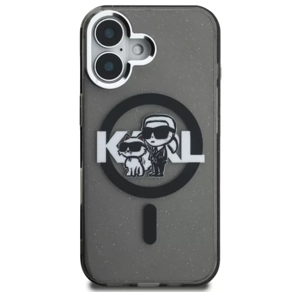 Karl Lagerfeld IML Glitter Karl and Choupette Sketch iPhone 16 MagSafe kompatibilis hátlap tok, fekete